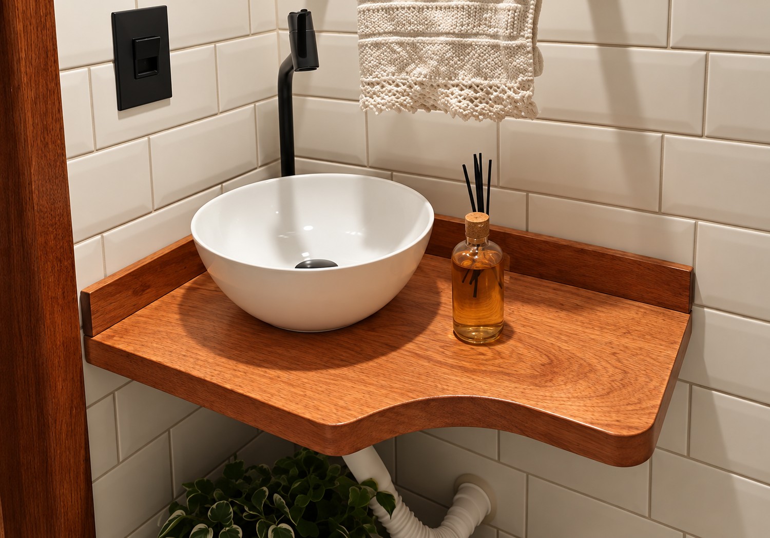 Bancada de lavabo em madeira com borda curva
